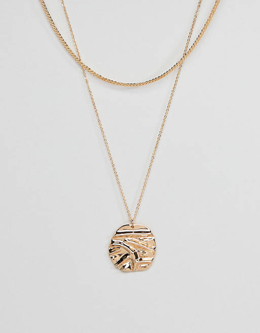 ASOS DESIGN – Mehrreihige Halskette mit gefalteter Metallscheibe