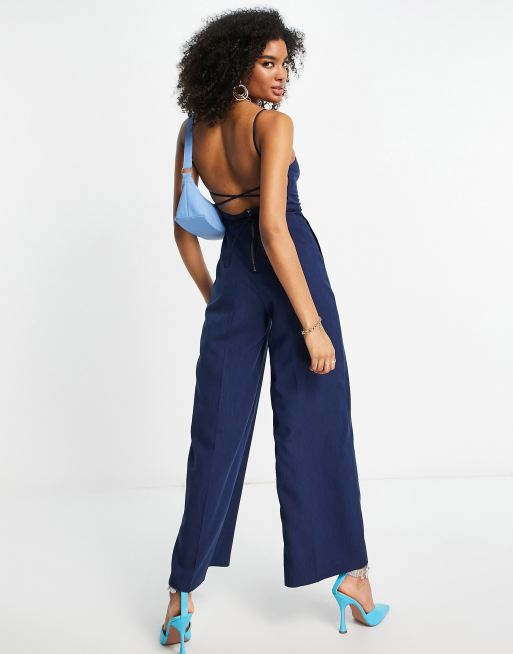 ASOS DESIGN melange suiting strappy back wide leg jumpsuit in navy