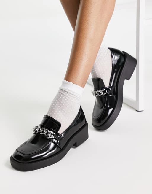 ASOS DESIGN Melba heart chain flat loafers in black | ASOS