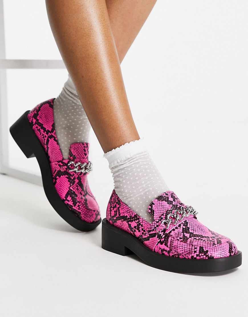 ASOS DESIGN Melba heart chain flat loafers in pink snake