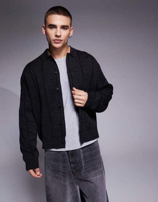 ASOS DESIGN - Meleret koksgrå strikket oversized polotrøje med striber i firkantet pasform