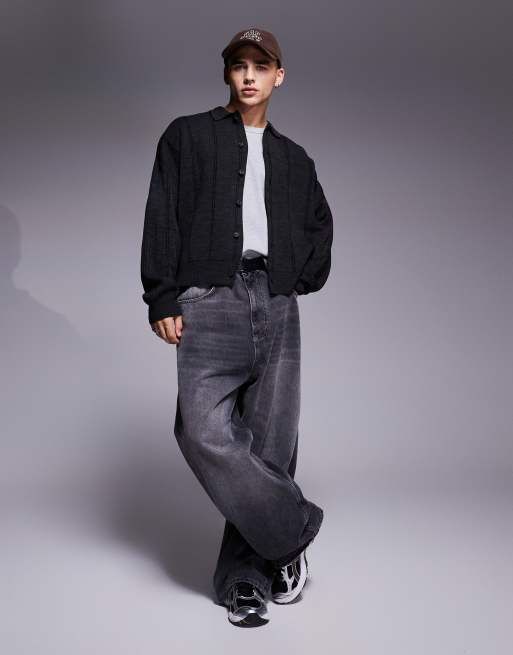 ASOS DESIGN - Meleret koksgrå strikket oversized polotrøje med striber i firkantet pasform, 3 af 4