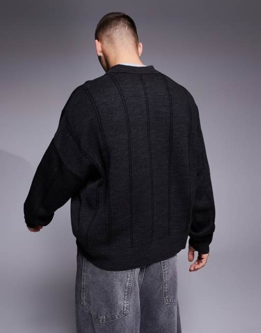 ASOS DESIGN - Meleret koksgrå strikket oversized polotrøje med striber i firkantet pasform, 4 af 4