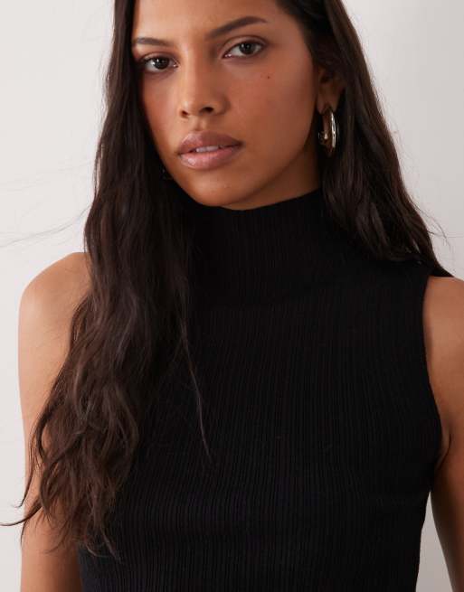ASOS DESIGN melierter Strick-Ripp-Pullover ohne Ärmel mit Stehkragen in Schwarz, 2 von 4