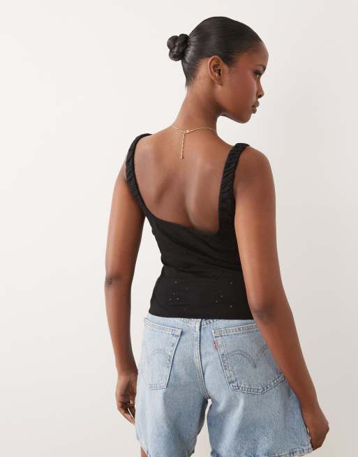 ASOS DESIGN - Melkmeisjestop met broderie en aangerimpelde buste in zwart, 4 van 4
