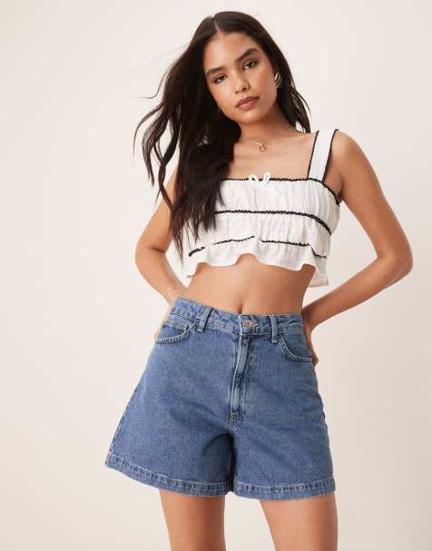 ASOS DESIGN – Mellanblå, a-linjeformade jeansshorts i lång modell - view 1