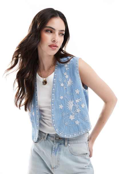 ASOS DESIGN – Mellanblå, broderad väst i mjuk denim, del av set - view 1