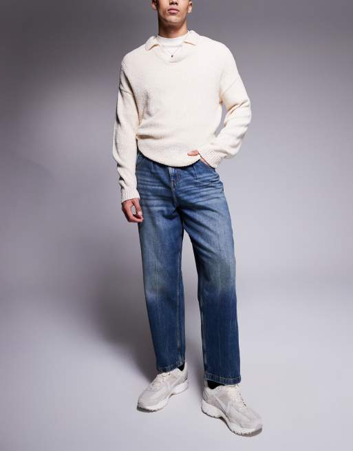 ASOS DESIGN – Mellanblå jeans med ballong-passform, vintageton och mörk tvätt