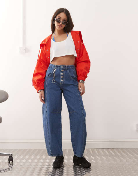 ASOS DESIGN – Mellanblå jeans med barrelben, hög midja och knappgylf - view 1