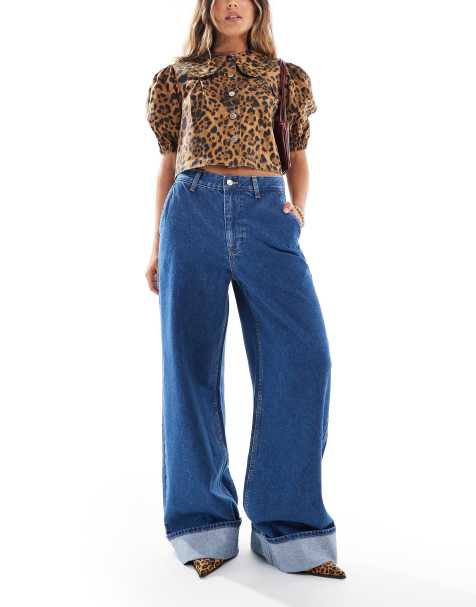 ASOS DESIGN – Mellanblå jeans med hög midja, vida ben och uppvikta kanter - view 1