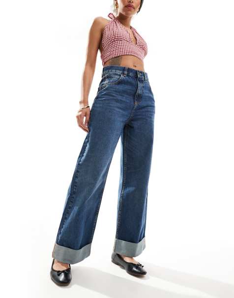 ASOS DESIGN – Mellanblå jeans med lös passform och bred, uppvikt nederkant - view 1