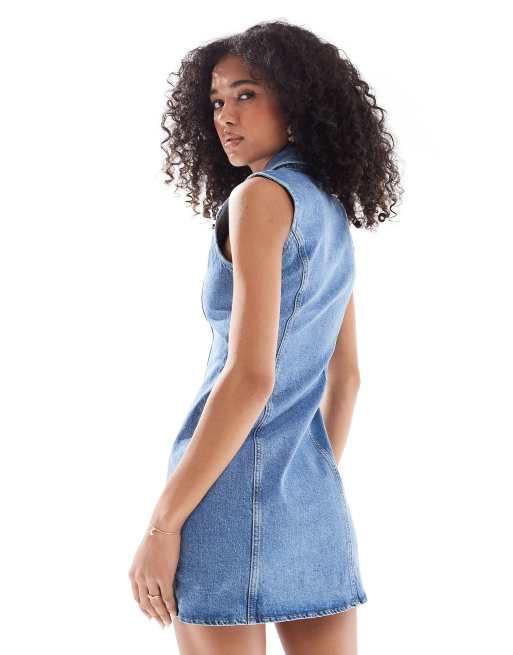 ASOS DESIGN – Mellanblå jeansklänning i minilängd med krage och dragkedja, 4 av 4