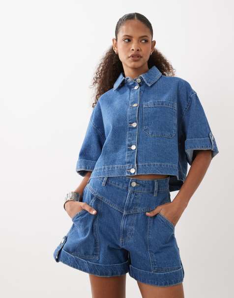 ASOS DESIGN – Mellanblå jeansshorts med dekorativ söm framtill, del av set - view 1