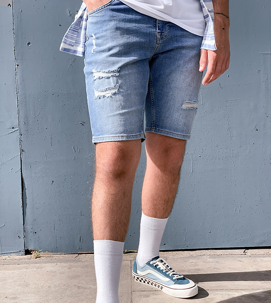 ASOS DESIGN – Mellanblå jeansshorts med extra smal passform och revor