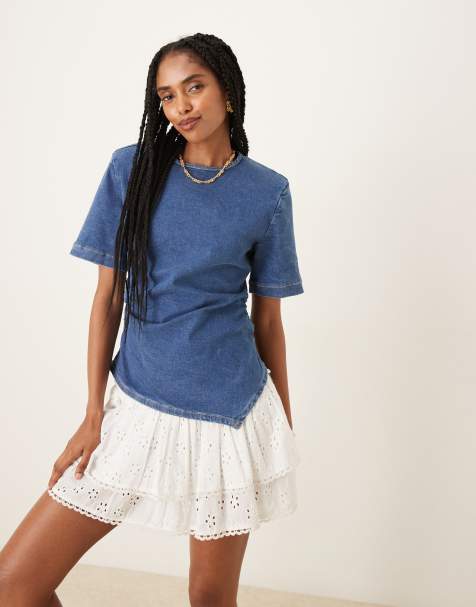 ASOS DESIGN – Mellanblå jeanstopp med axelvaddar, korta ärmar och indragen midja - view 1