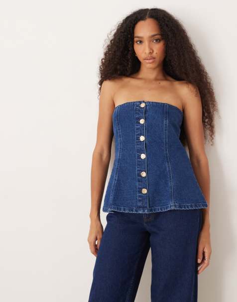 ASOS DESIGN – Mellanblå jeanstopp med bandeau-ringning, knäppning och guldfärgade knappar - view 1