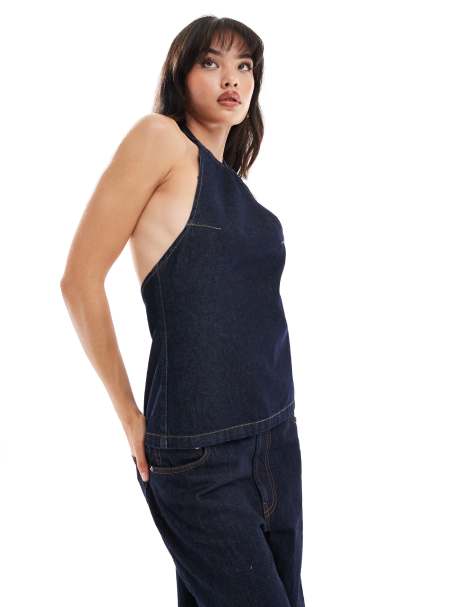 ASOS DESIGN – Mellanblå jeanstopp med öppen rygg - view 1