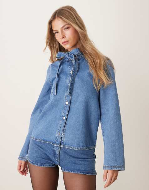 ASOS DESIGN – Mellanblå jeanstopp med rosettkrage - view 1