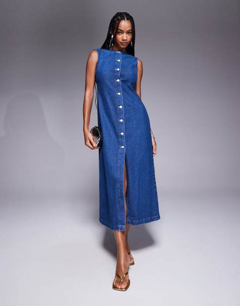 ASOS DESIGN – Mellanblå maxiklänning i denim med rund halsringning och knäppning och öppning framtill - view 1