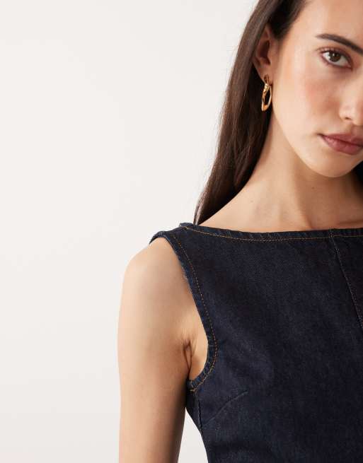 ASOS DESIGN – Mellanblå miniklänning i denim med båtringning och vippig kjol, 3 av 4