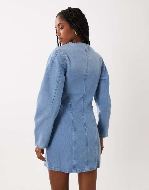 ASOS DESIGN – Mellanblå miniklänning med indragen midja och cocoon-ärmar, 4 av 4