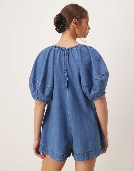 ASOS DESIGN – Mellanblå, mjuk playsuit med ballongärmar i denim, 3 av 4