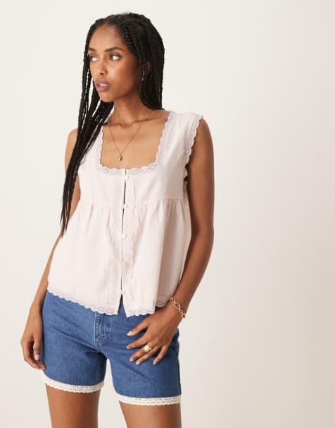 ASOS DESIGN – Mellanblå shorts i dad-modell med kant i broderie angalise, del av set - view 1