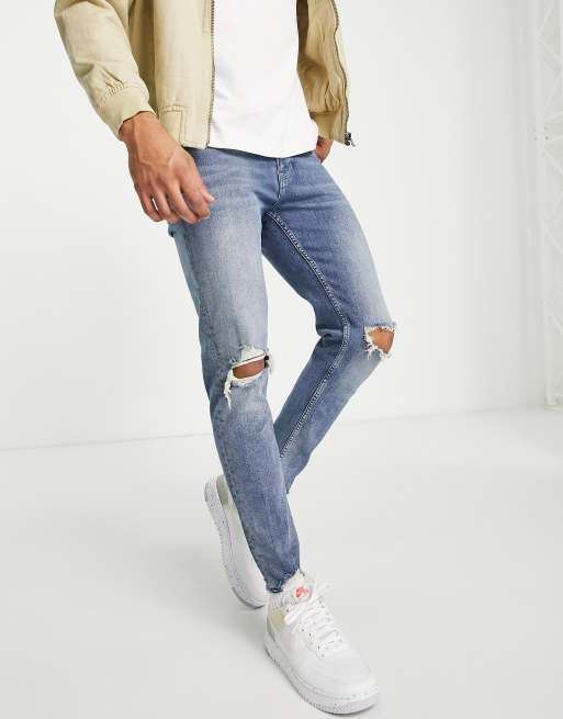 ASOS DESIGN – Mellanblå skinny jeans med knärevor och råskuren fåll , 2 av 4