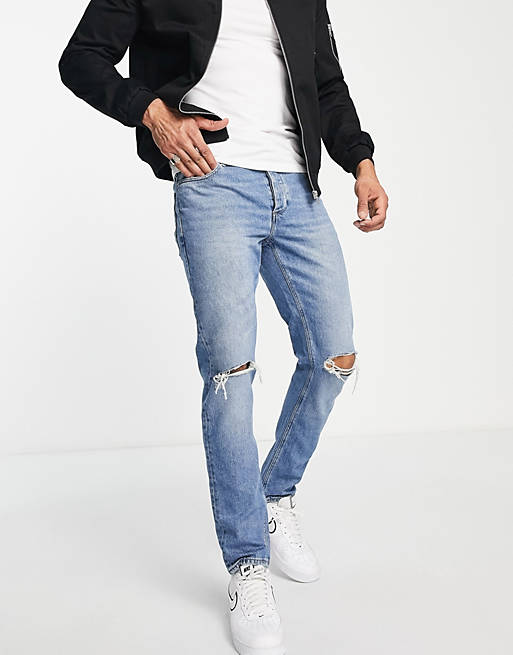 ASOS DESIGN – Mellanblå slim jeans i vintagestil med slitna knän