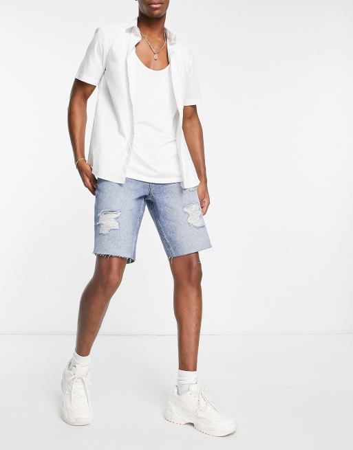 ASOS DESIGN – Mellanblå, smala jeansshorts med stora revor , 4 av 4