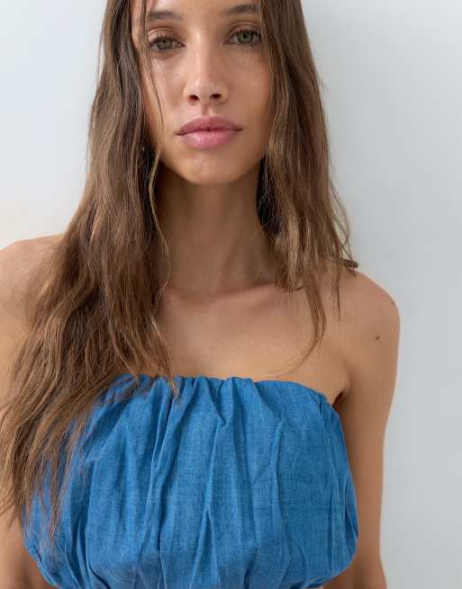 ASOS DESIGN – Mellanblå topp i denim med ballongfåll, del av set, 2 av 5