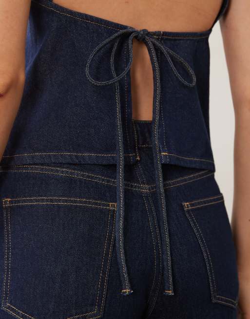 ASOS DESIGN – Mellanblå, tvättad jeanstopp med öppen rygg, 3 av 4