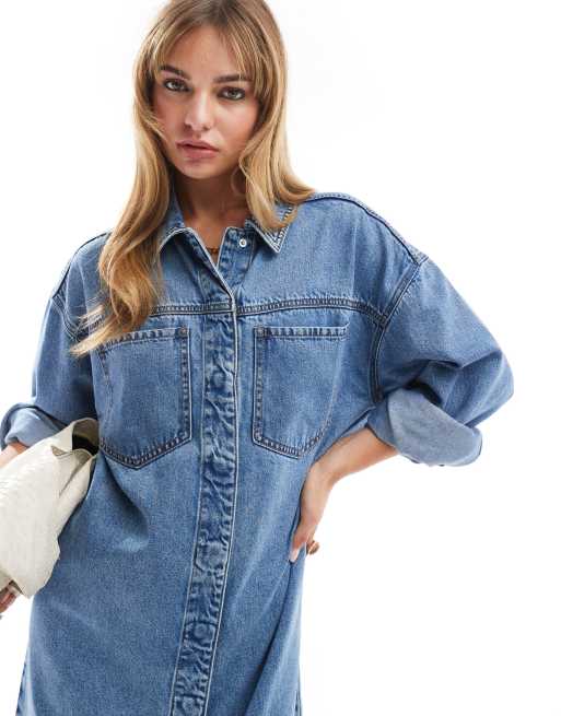 ASOS DESIGN – Mellanblå, tvättad, maxilång skjortklänning i denim, 2 av 4