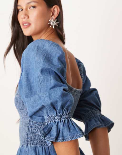 ASOS DESIGN – Mellanblå, tvättad midaxiklänning i mjuk denim med puffärmar och smock, 4 av 4