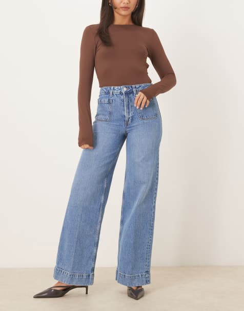 ASOS DESIGN – Mellanblå, tvättade jeans med hög midja, vida ben och framfickor - view 1