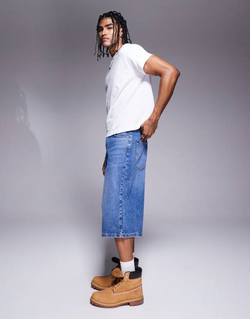 ASOS DESIGN – Mellanblå, tvättade jeansjorts i längre modell, 3 av 5