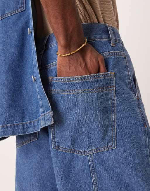 ASOS DESIGN – Mellanblå, tvättade, långa jeansshorts med sömdetaljer, del av set, 3 av 5