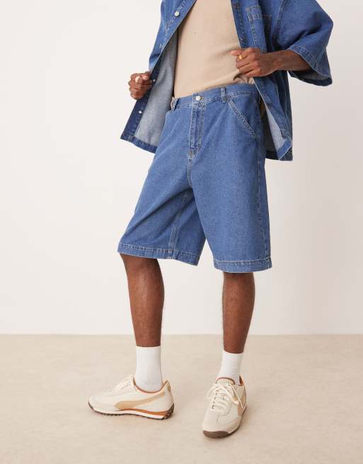 ASOS DESIGN – Mellanblå, tvättade, långa jeansshorts med sömdetaljer, del av set, 4 av 5