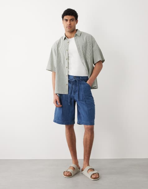ASOS DESIGN – Mellanblå, tvättade, lediga jeansshorts med skärp - view 1