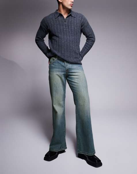 ASOS DESIGN – Mellanblå, utsvängda och vida jeans med dekorativ söm - view 1