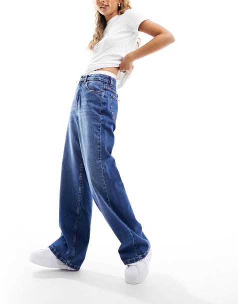 ASOS DESIGN - Mellemblå dad-jeans med vide ben - view 1