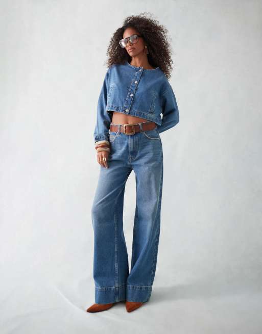ASOS DESIGN - Mellemblå denimjakke uden krave - Del af sæt