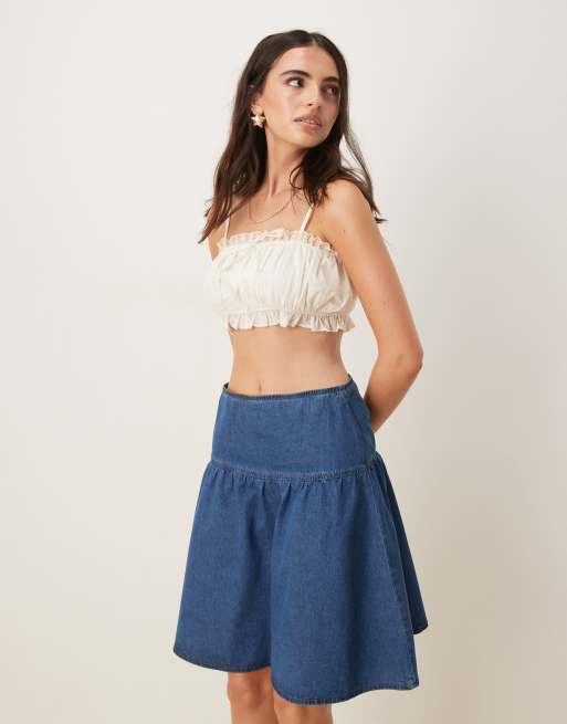ASOS DESIGN - Mellemblå denimnederdel med sænket talje og akavet længde, 3 af 5