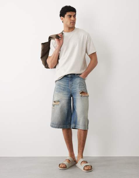 ASOS DESIGN - Mellemblå forvaskede bermuda-jorts med flænger - view 1