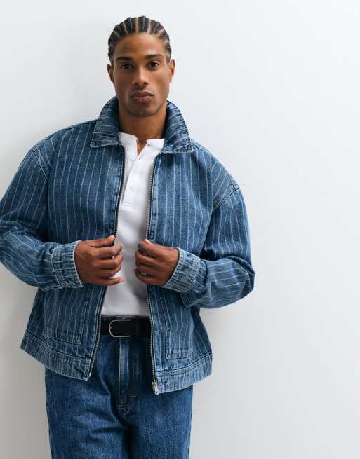 ASOS DESIGN - Mellemblå forvasket denimjakke med striber - Del af sæt, 4 af 5