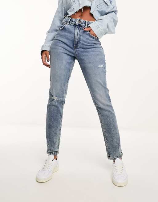 ASOS DESIGN - Mellemblå komfortable mom-jeans med flænger i slim fit, 5 af 5