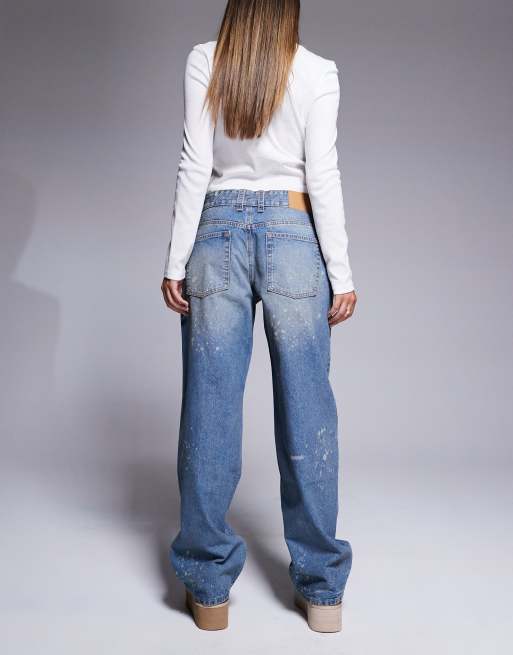 ASOS DESIGN - Mellemblå lavtaljede jeans med baggy pasform og malerpletter , 2 af 5