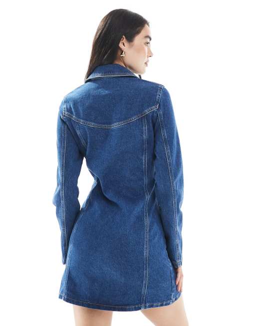 ASOS DESIGN - Mellemblå mini-skjortekjole med søm- og lommedetaljer i denim, 4 af 4