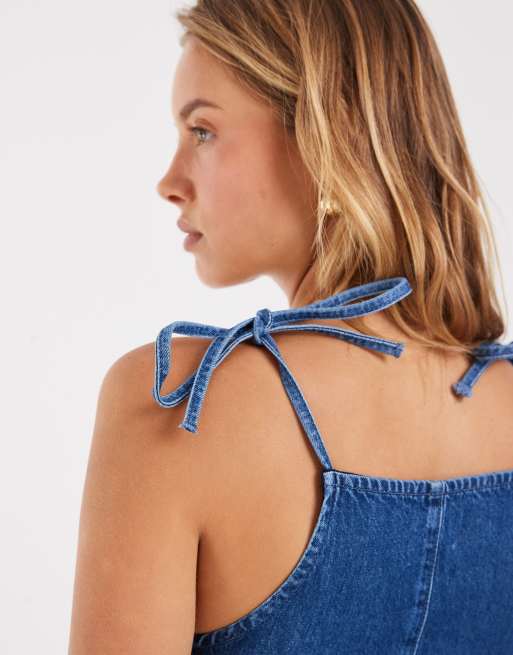 ASOS DESIGN - Mellemblå minikjole i denim med peplum-kant og smock, 4 af 4