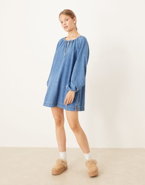ASOS DESIGN - Mellemblå minikjole med ballonærmer og enkelt snit i denim - view 1